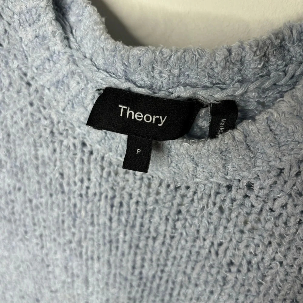 Theory Shrunken Crew Feathered Cotton Linen  Sweater Light Blue Size S - Picture 3 of 6